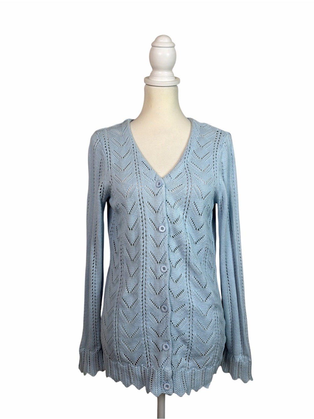 Vintage Route 66 Blue Pointelle Knit Cardigan Sweater Cotton Small Cottagecore